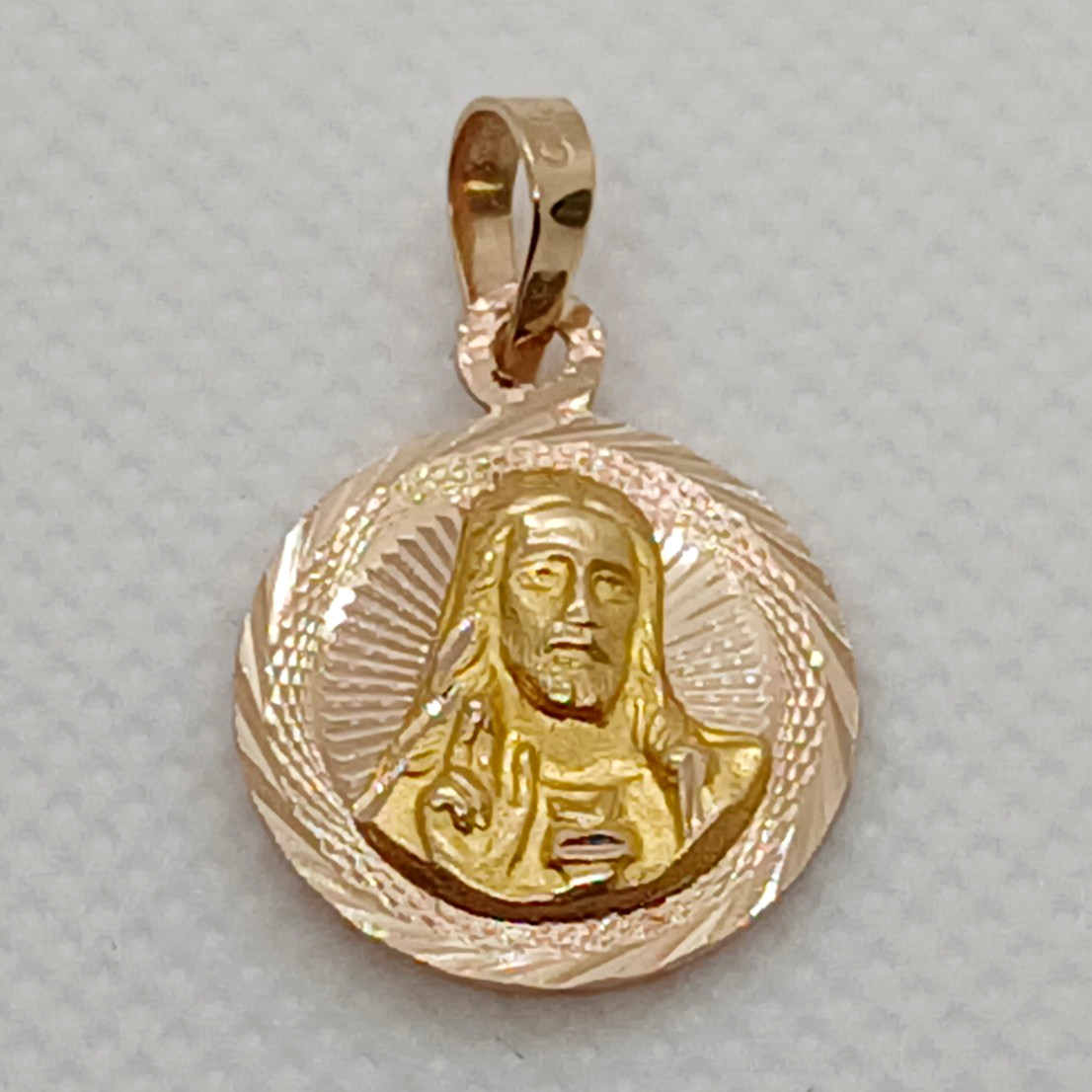 14K Solid Yellow Gold Jesus Sacred Heart & Virgin Round Medal Pendant 2  in 1.