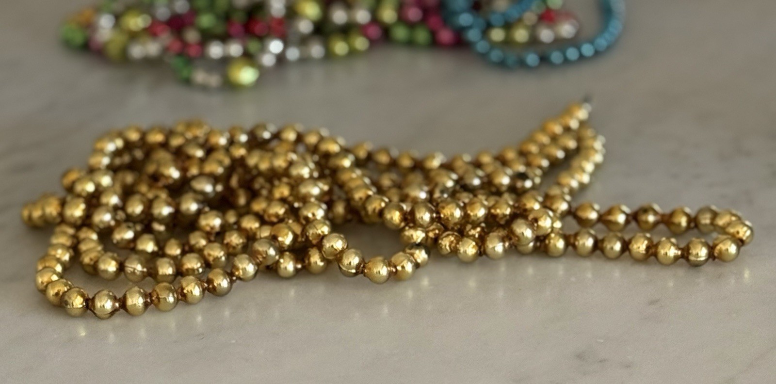 Vintage MCM Christmas Gold Mercury Glass Bead Garland - 8-3/4 Feet