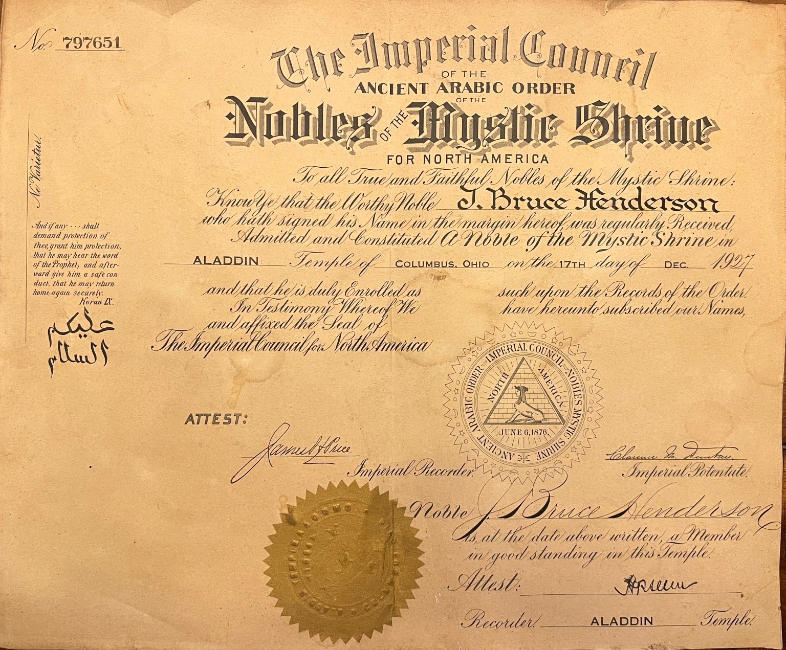 1927 Shriners Mystic Shrine Columbus Ohio Membership Certificate A.A.O.N.M.S. 1927 Shriners Mystic Shrine Columbus Ohio Membership Certificate A.A.O.N.M.S.