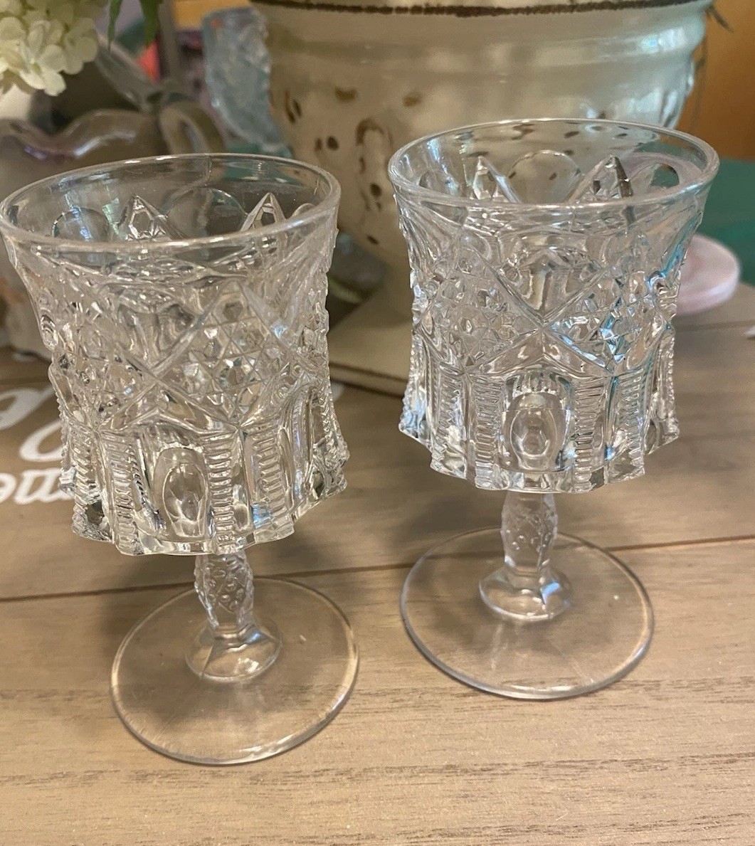 Antique EAPG Tarentum Sherry Wine Glasses Ladders & Diamonds Set Of 2 4in Antique EAPG Tarentum Sherry Wine Glasses Ladders & Diamonds Set Of 2 4in
