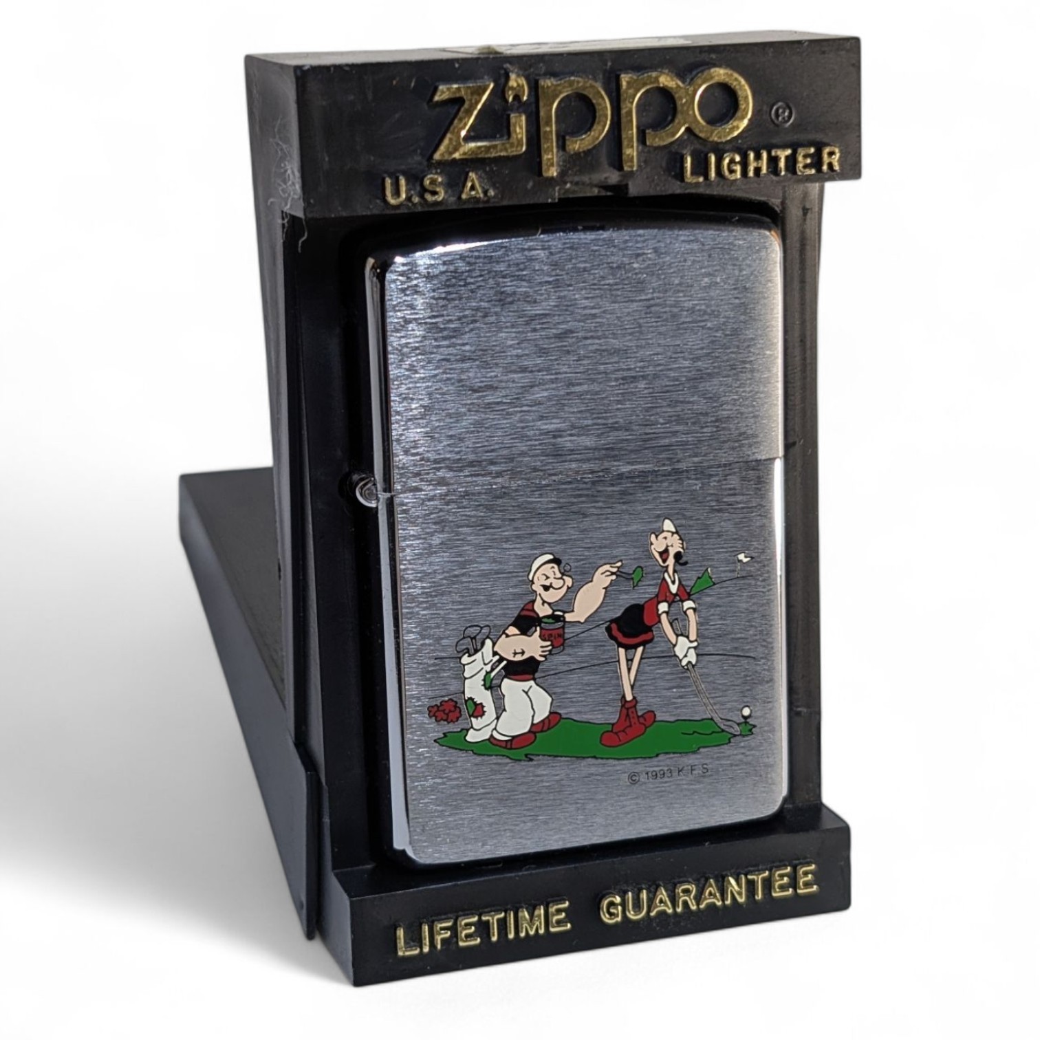 1994 Zippo Lighter Popeye & Olive Golfing Brushed New & Unfired - Vintage 1994 Zippo Lighter Popeye & Olive Golfing Brushed New & Unfired - Vintage