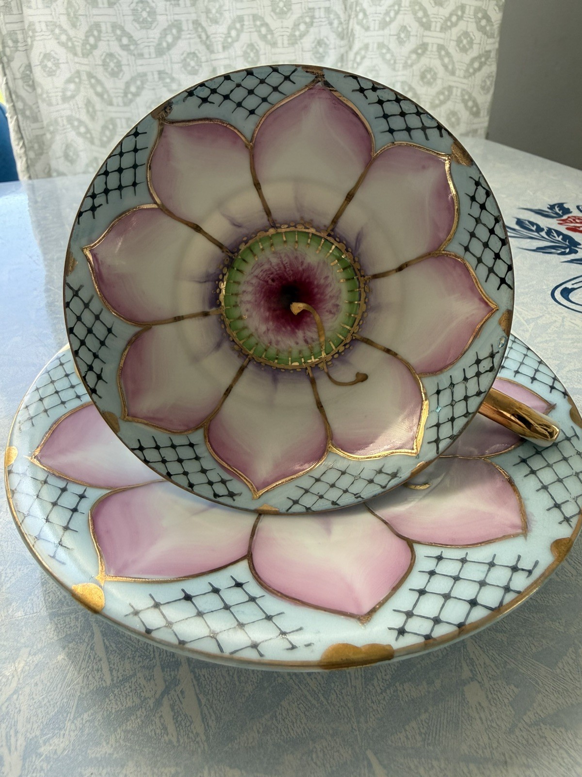 Vtg Royal Sealy Pink Lotus Flower Teacup and Saucer Set Lusterware Japan Gold