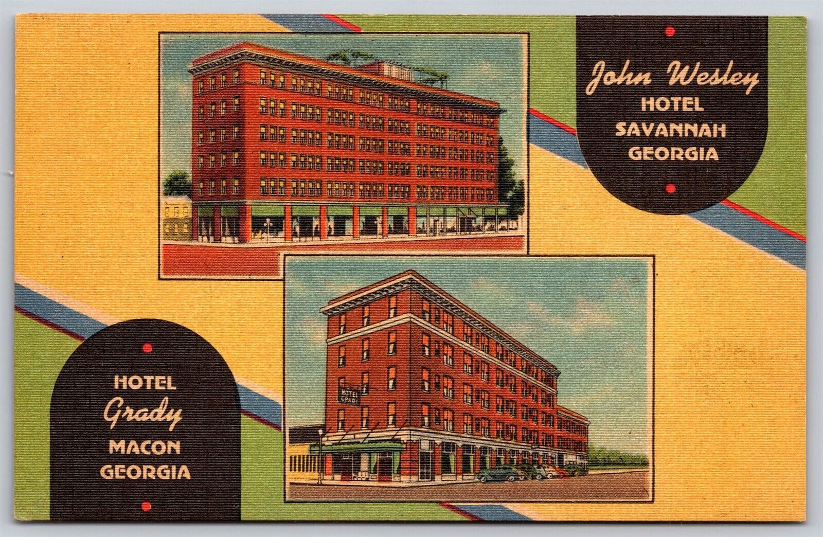 Postcard John Wesley Hotel, Savannah GA & Hotel Grady, Macon GA linen L61