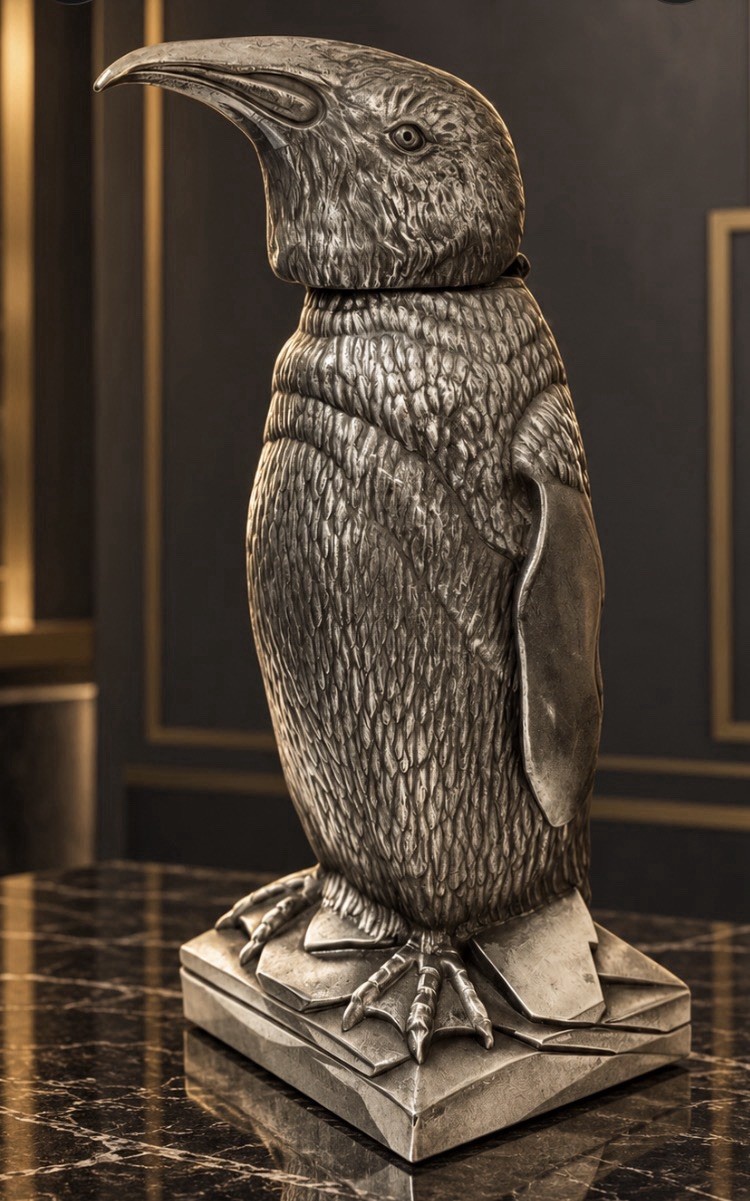 French Art Deco Penguin Inkwell Pewter w/ Original Glass Insert RARE Exceptional