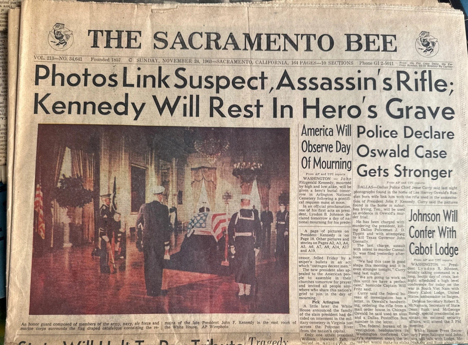 1963 Sacramento Bee JFK Kennedy Assassination Oswald Nov 24 Newspaper