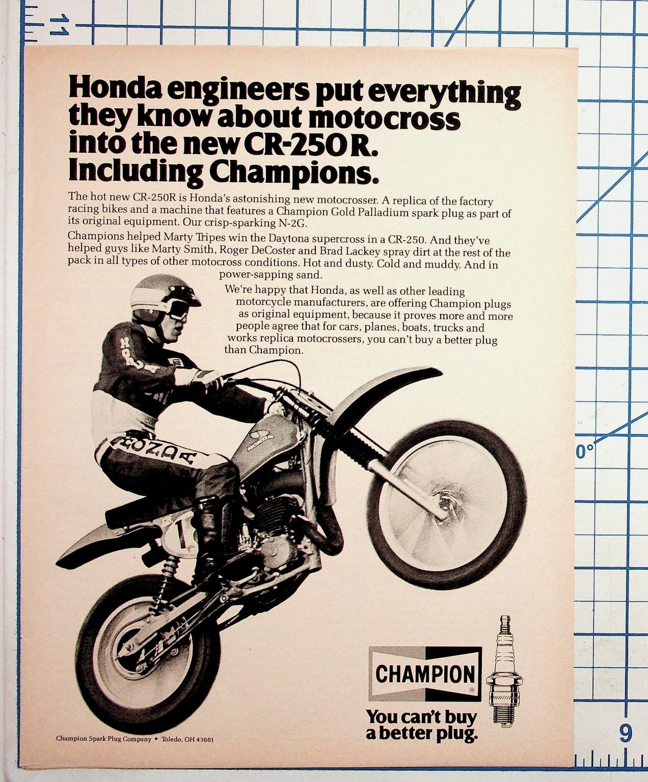 Vintage Honda CR-250 R Motocross Champion Spark Plug Magazine Ad Print Vintage Honda CR-250 R Motocross Champion Spark Plug Magazine Ad Print