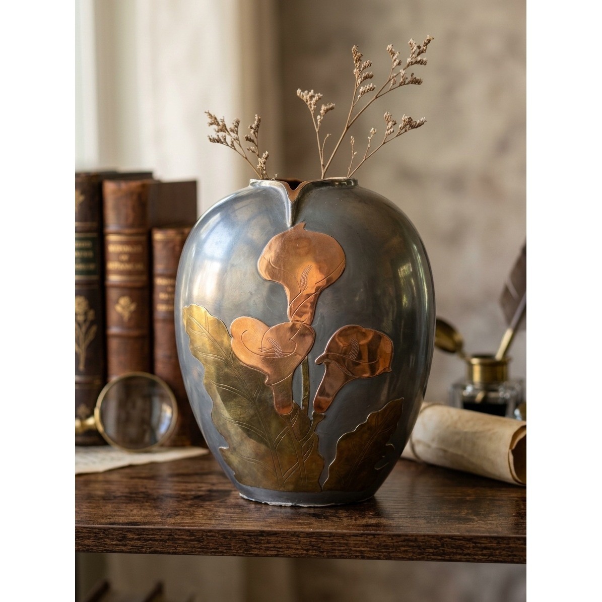 Vintage Mixed Metal Calla Lily Vase Copper Brass Gunmetal Hong Kong Art Deco Vintage Mixed Metal Calla Lily Vase Copper Brass Gunmetal Hong Kong Art Deco