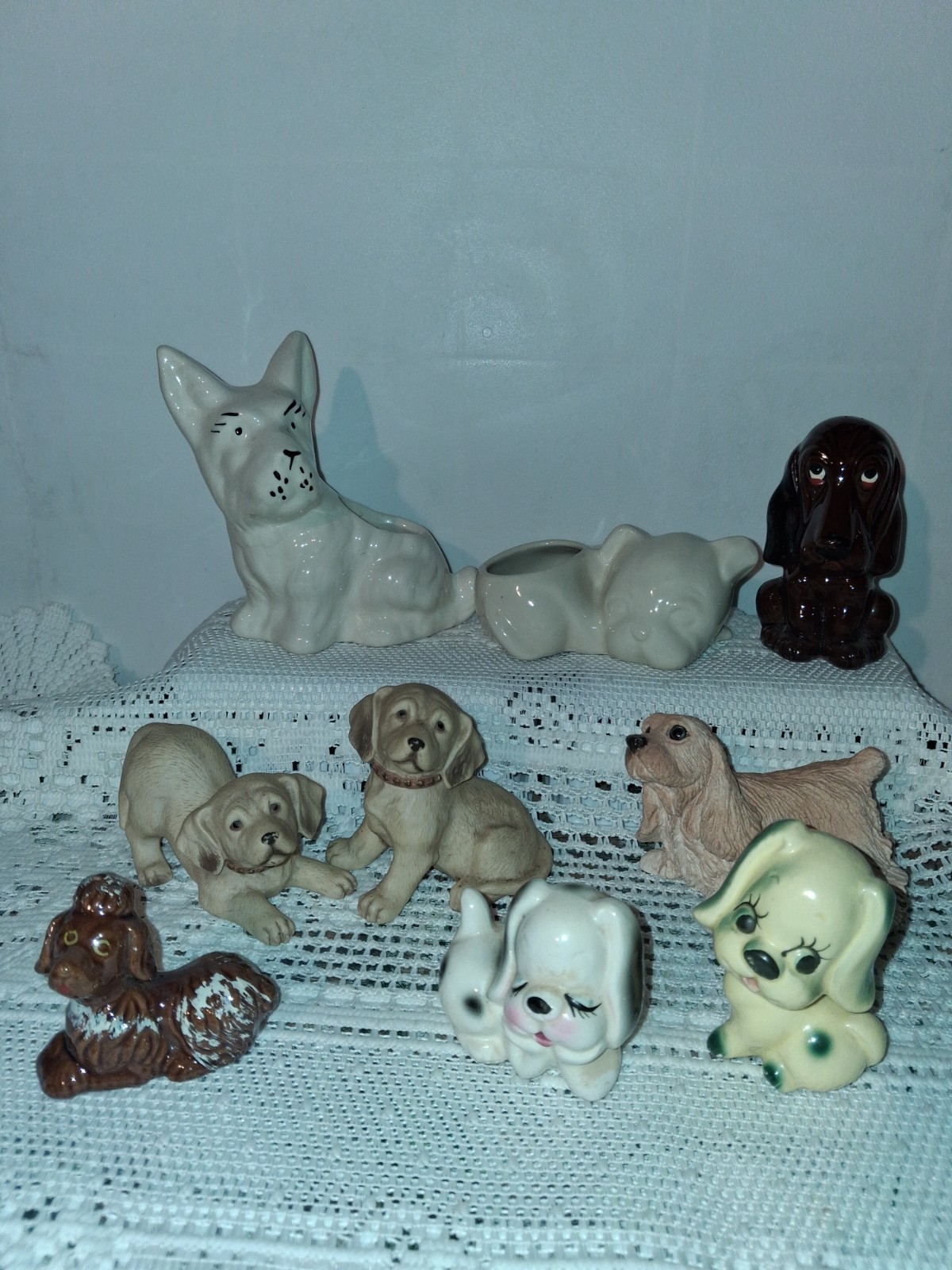 Vintage Dog Figurine Lot of 9 Ceramic Porcelain Puppy Figures Planter Collect Vintage Dog Figurine Lot of 9 Ceramic Porcelain Puppy Figures Planter Collect