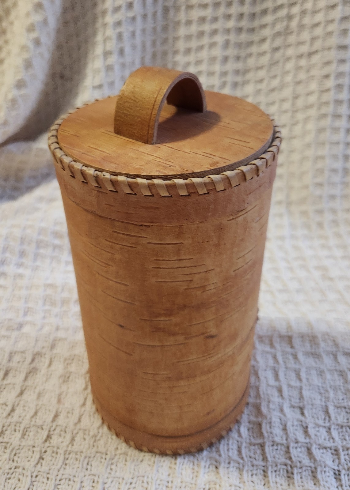 Vintage Handcrafted Cylindrical Birch Bark Container with Lid. Siberia Russia