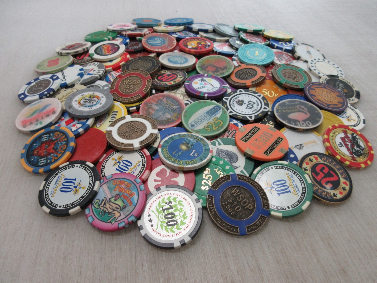 100 SPECIAL Casino Chips LOT #2 Gaming Poker Las Vegas $ New & Used Clay Brass