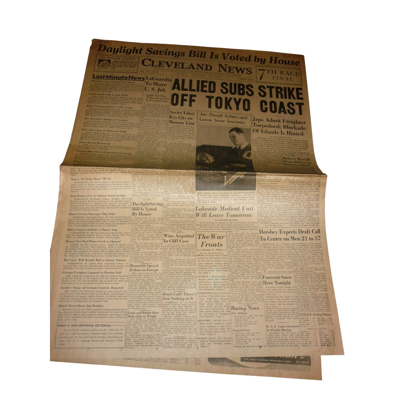 Vintage 1942 Cleveland News Newspaper WWII Allied Subs Strike Tokyo Coast Jan 9 Vintage 1942 Cleveland News Newspaper WWII Allied Subs Strike Tokyo Coast Jan 9