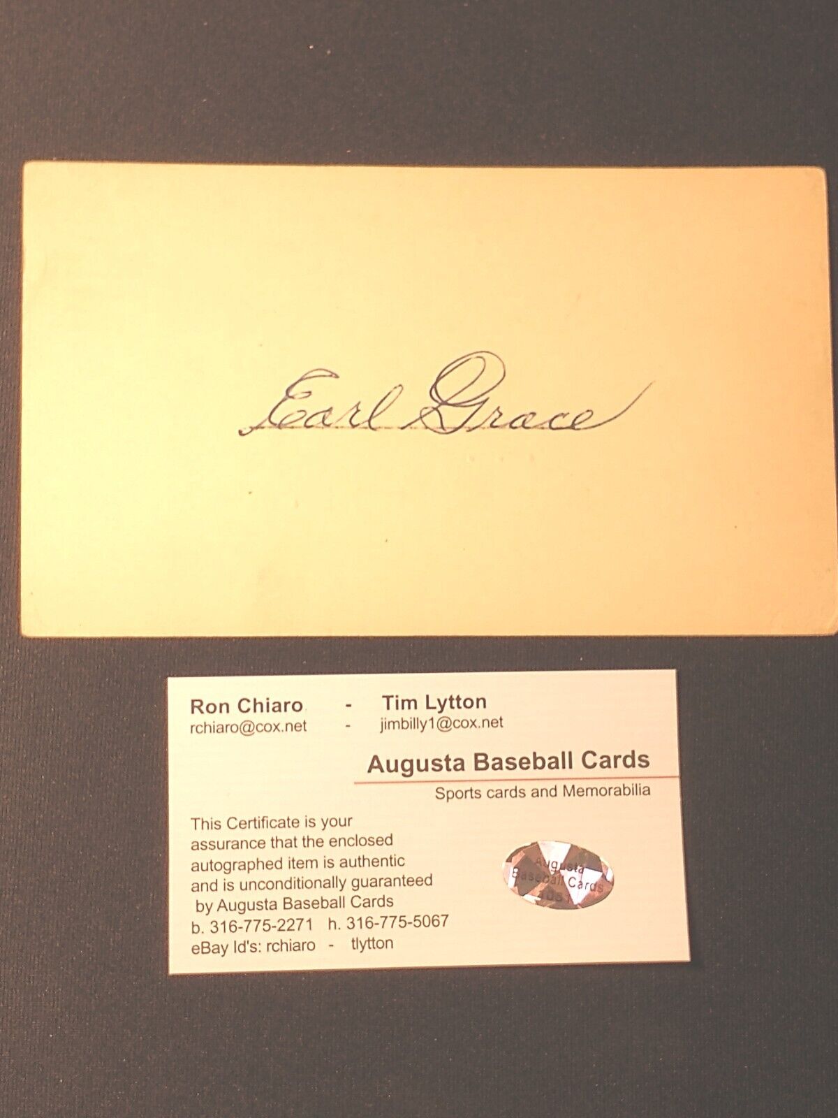 Earl Grace Autographed Index Card,Postmarked 1950,Augusta Cards Auth, StatsFront