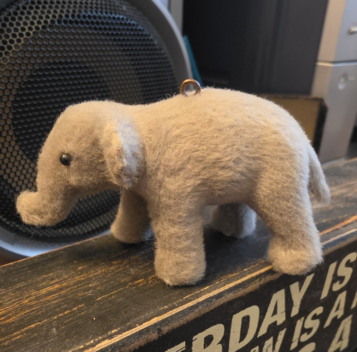 Ornament gray fuzzy or felted elephant figurine