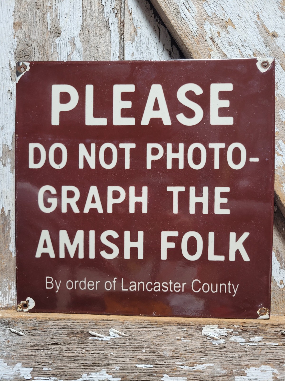 VINTAGE AMISH PORCELAIN SIGN OLD DONT PHOTOGRAPH AMISH FOLK LANCASTER COUNTY PA