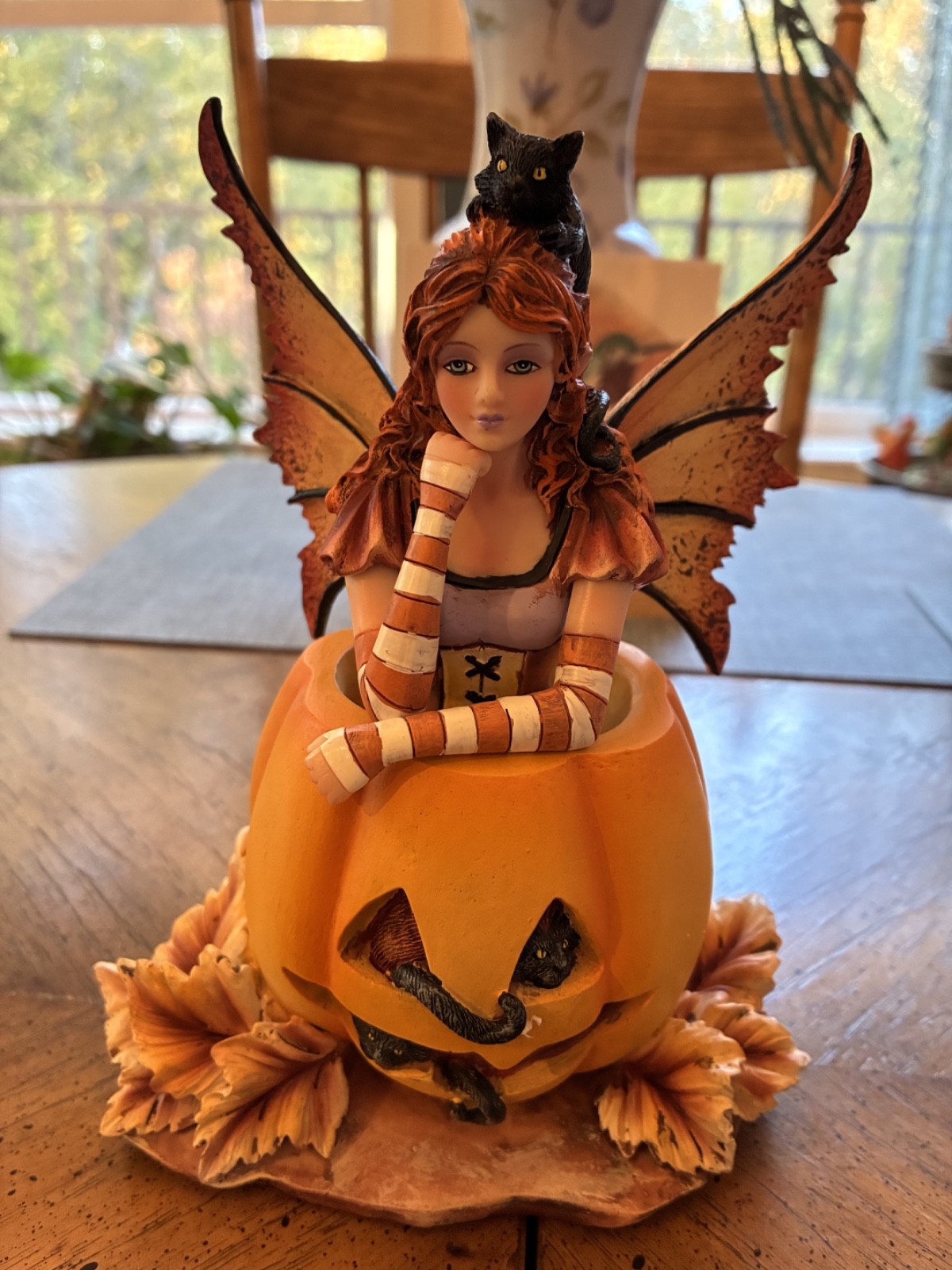 Amy Brown Halloween Mischief Fairy With Black Cats On Grinning Pumpkin Figurine