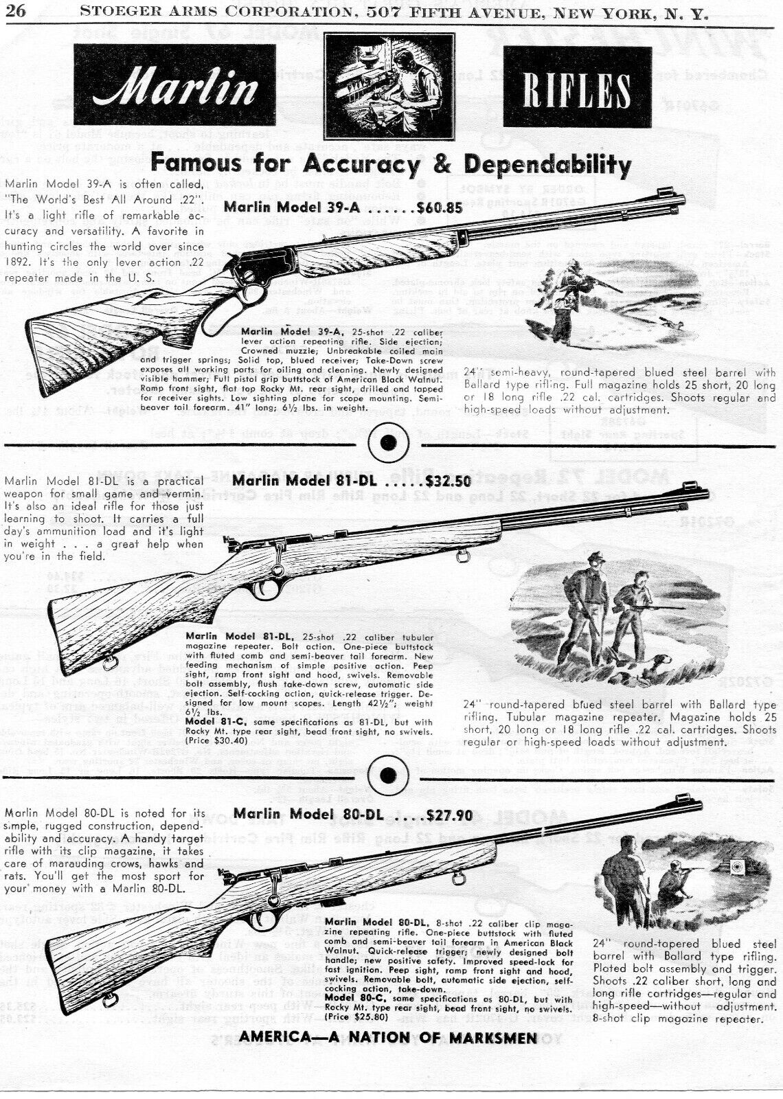 1952 Print Ad of Marlin Model 39A Lever Action 81DL 80DL Bolt Action Rifle