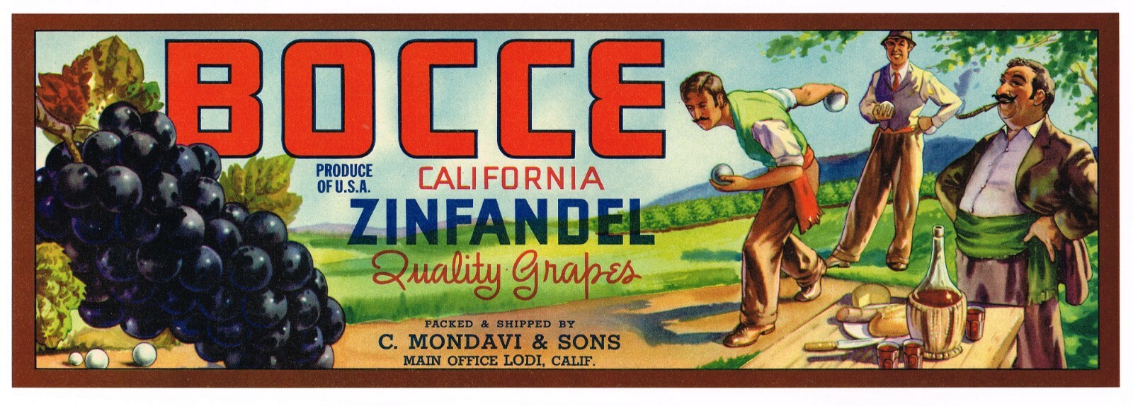 ORIGINAL C1940S BOCCE GRAPE CRATE LABEL ITALIAN AMERICAN WINE BOWLING MONDAVI D ORIGINAL C1940S BOCCE GRAPE CRATE LABEL ITALIAN AMERICAN WINE BOWLING MONDAVI D