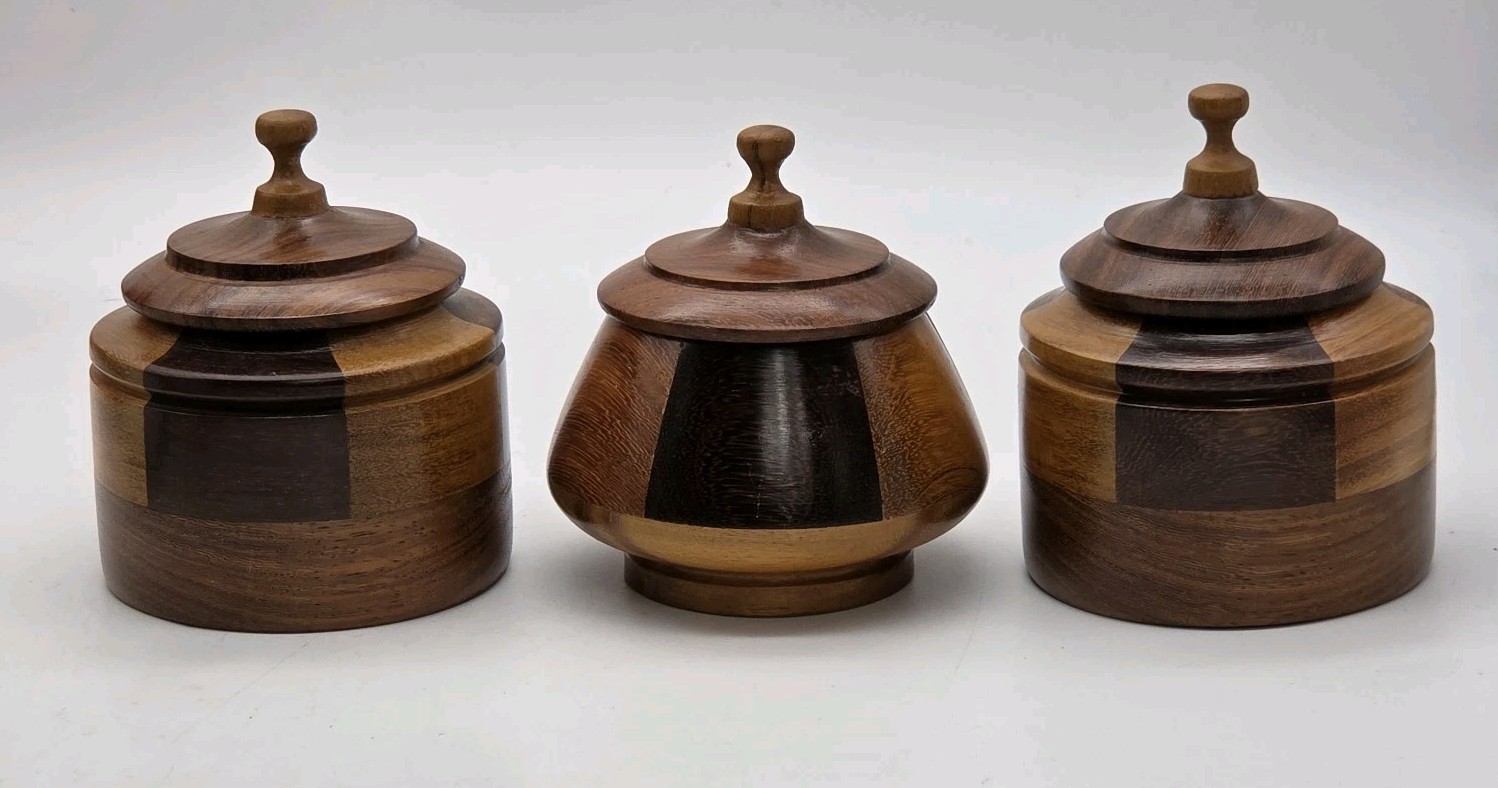 Trinket Box Handmade Turned Treen Inlaid Multi Wood Round With Lids 4 Trinket Box Handmade Turned Treen Inlaid Multi Wood Round With Lids 4