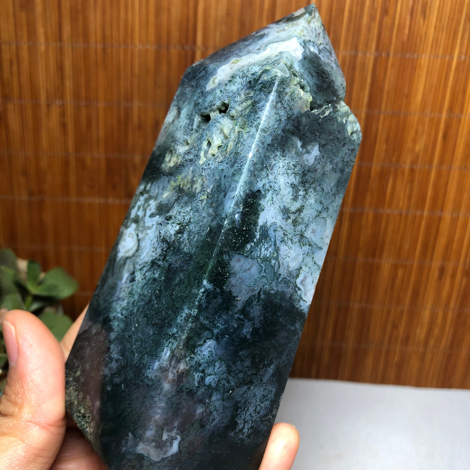 122mm Natural moss agate wand Obelisk Crystal rough/polish specimens 385g A1421