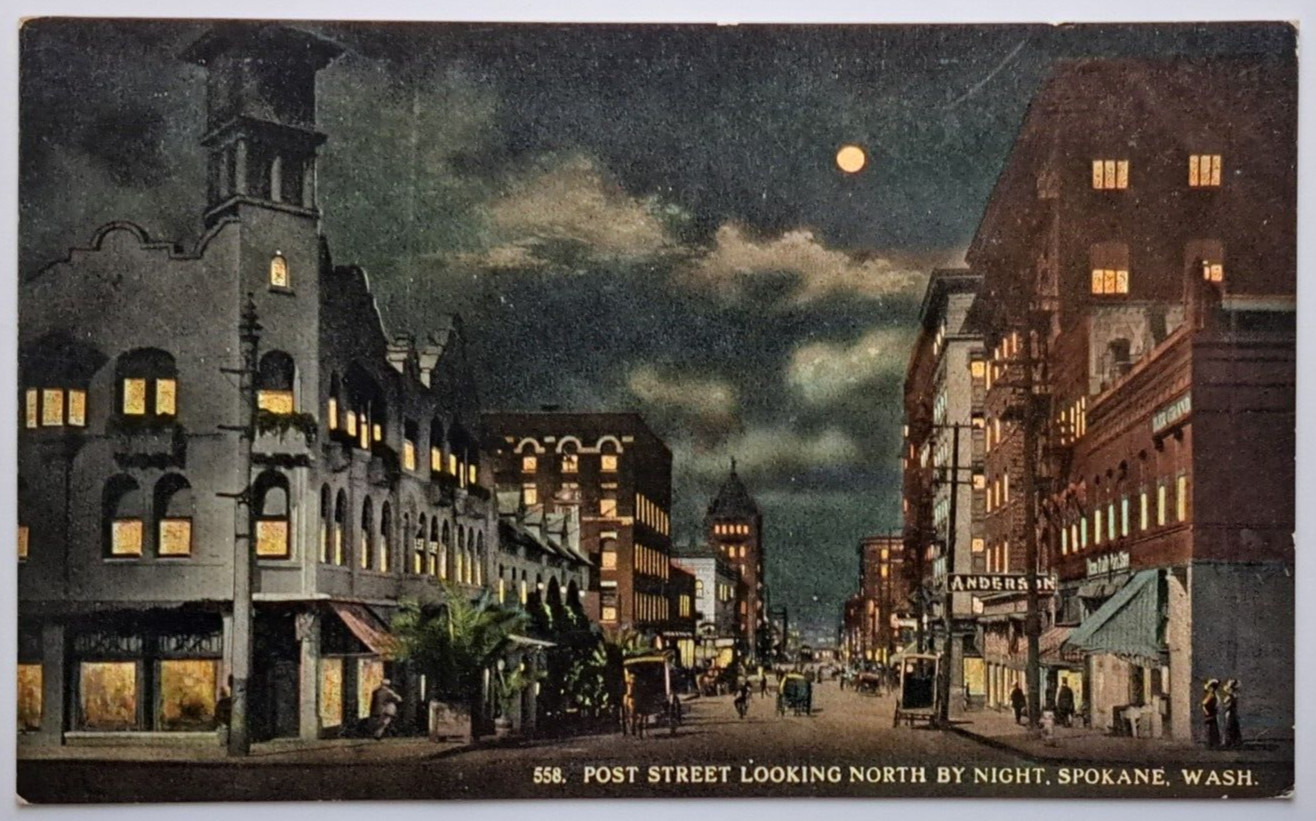 Post Street Spokane WA Night Scene Moonlight View Early 1900s
