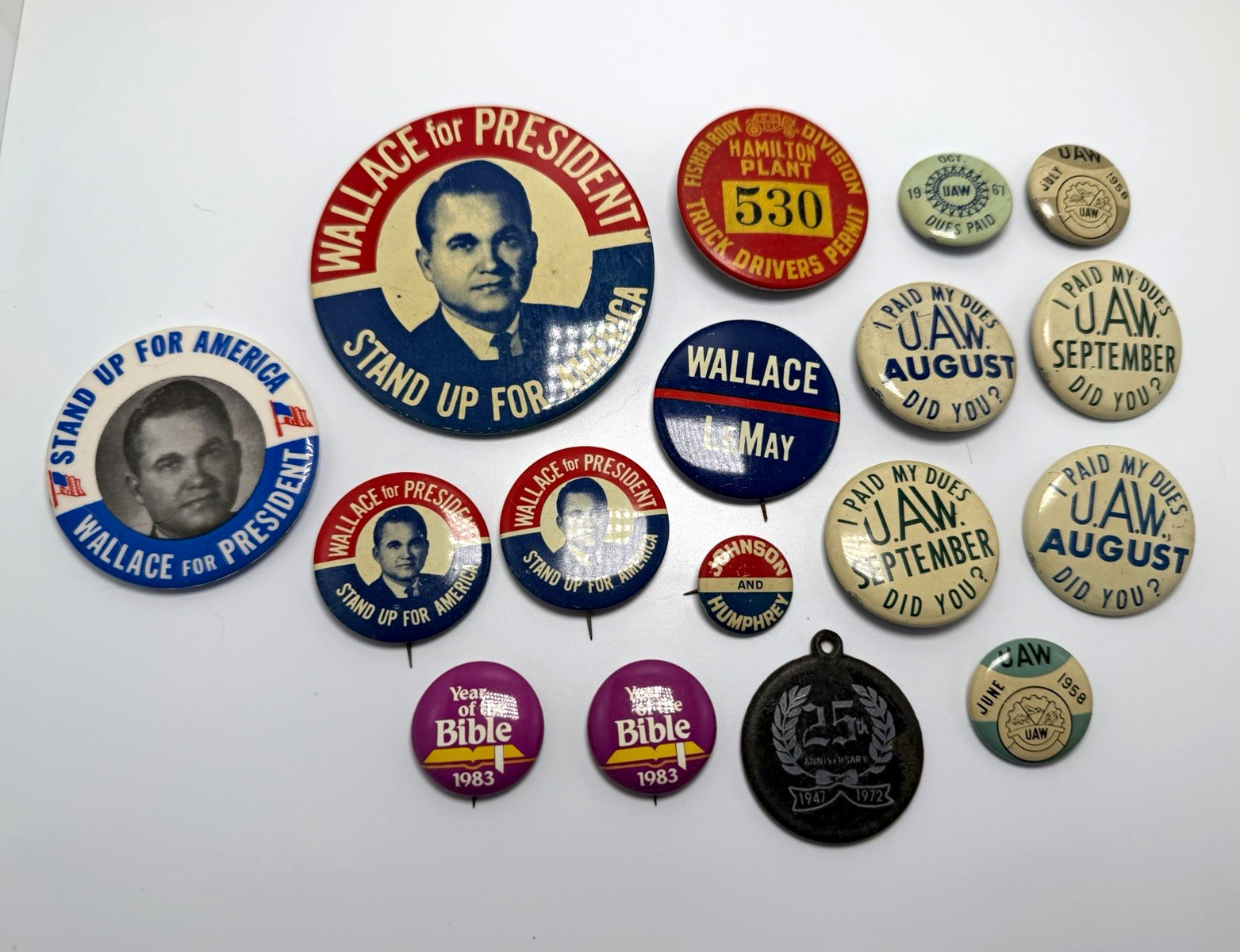 Vintage Lot of Political & Union Pins George Wallace for President UAW Buttons Vintage Lot of Political & Union Pins George Wallace for President UAW Buttons