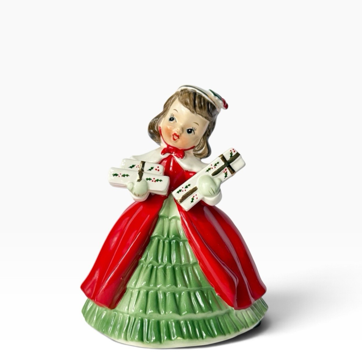 Vintage 1956 Napco Christmas Girl with Presents Planter Figurine Foil Label