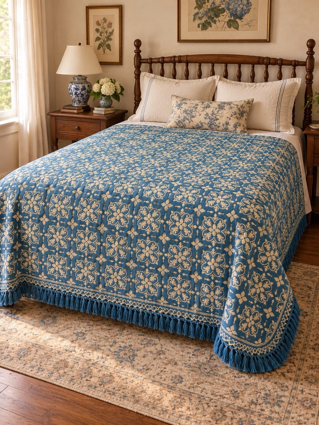 VTG Bates Mill 102x90 Blue Ivory Woven Bedspread Floral Fringe French Country VTG Bates Mill 102x90 Blue Ivory Woven Bedspread Floral Fringe French Country