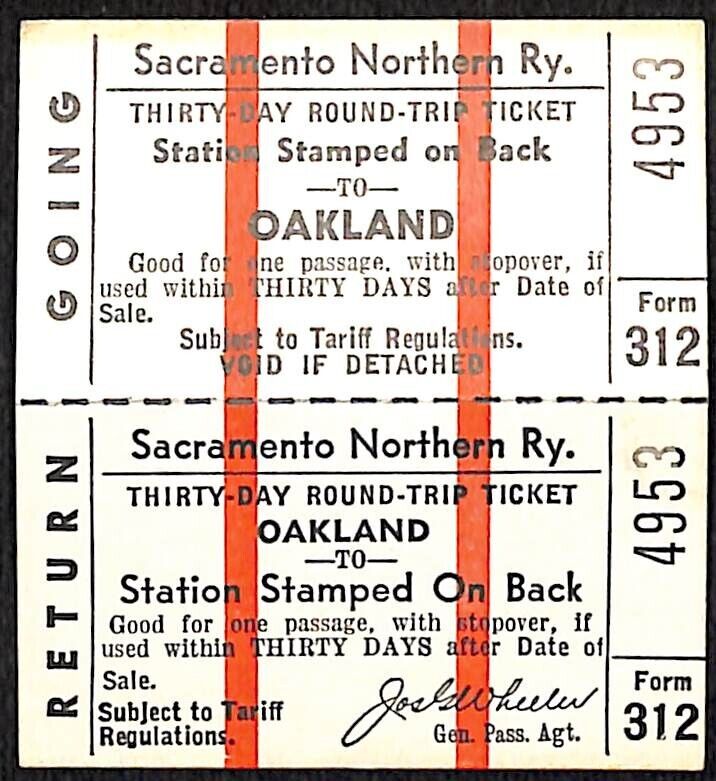 Sacramento Northern Railway SN Railroad Ticket c1947 to / from Oakland #4953