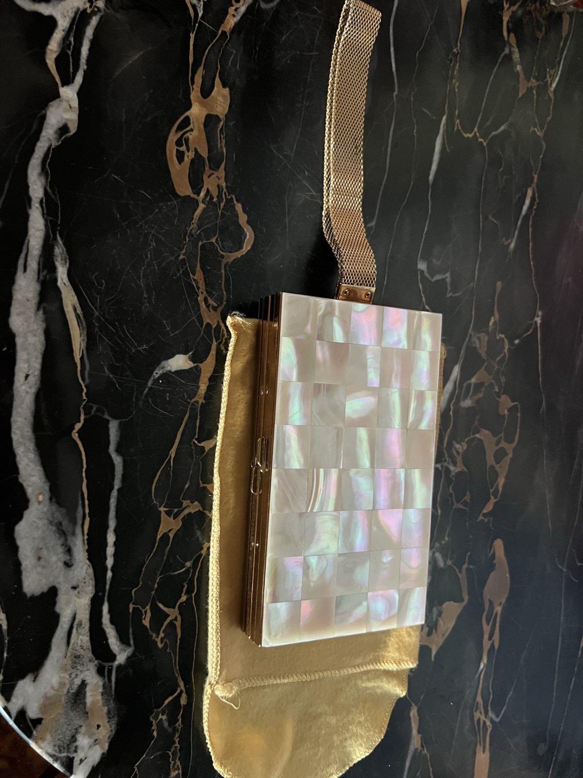 Vintage Marhill Mother of Pearl Compact Purse w/ Gold Strap Original Pouch