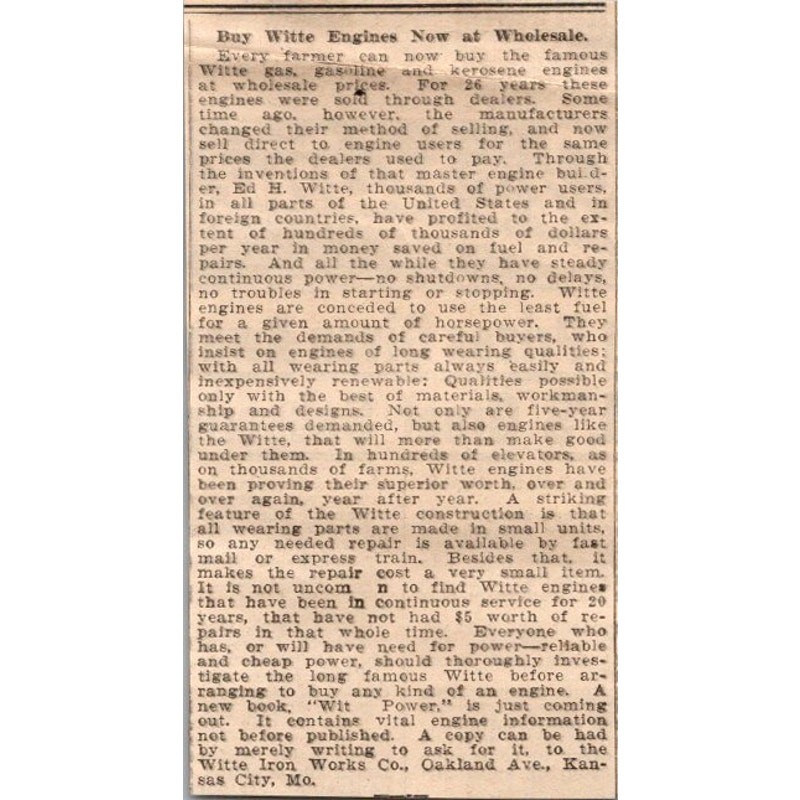 Witte Iron Works Co. Ed H. Witte Kansas City MO 1913 Nebraska Clipping SAI7-5 Witte Iron Works Co. Ed H. Witte Kansas City MO 1913 Nebraska Clipping SAI7-5