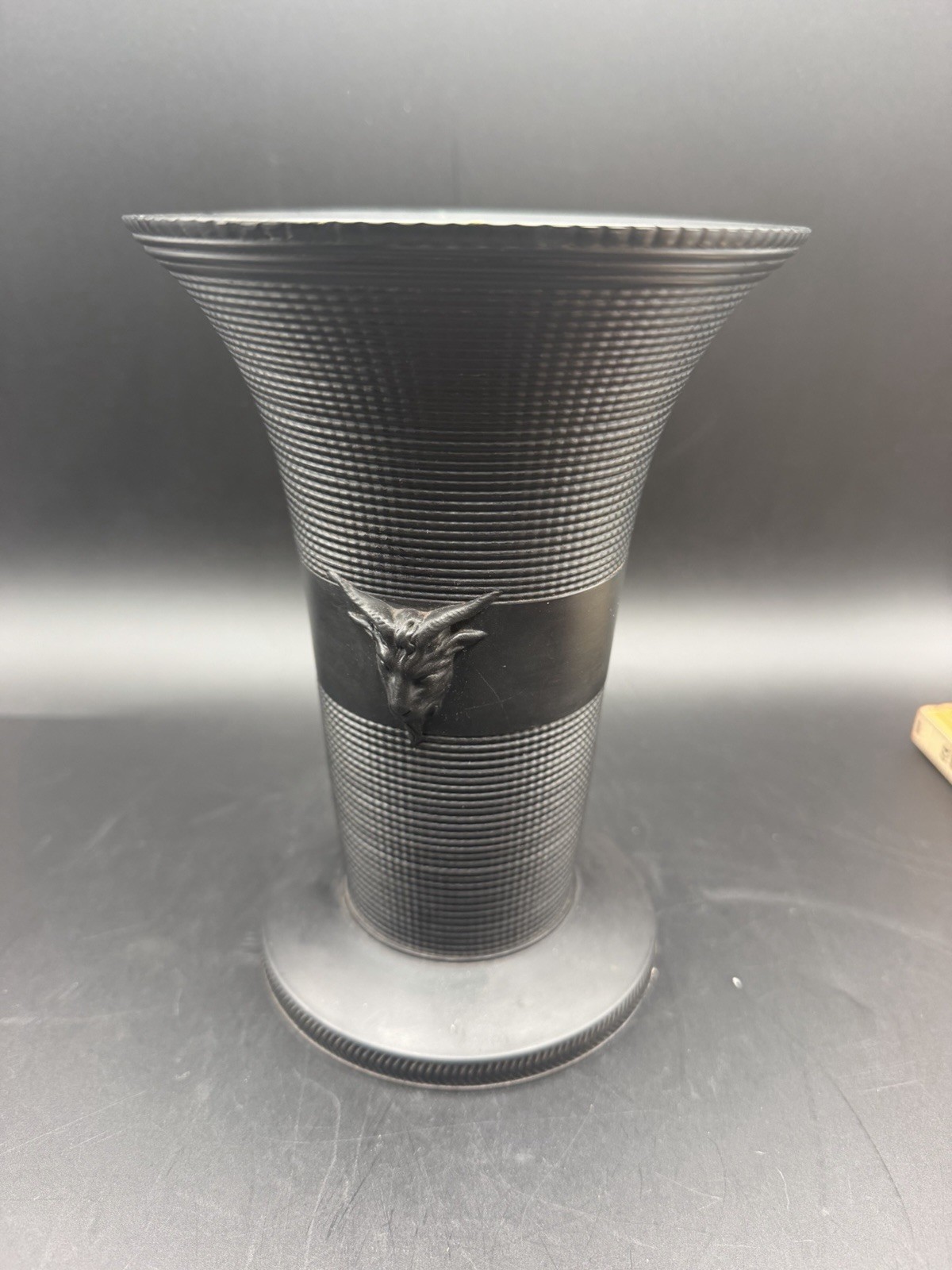 Wedgwood Black Basalt Goat Mask Engine Turned Vase c.1880 England