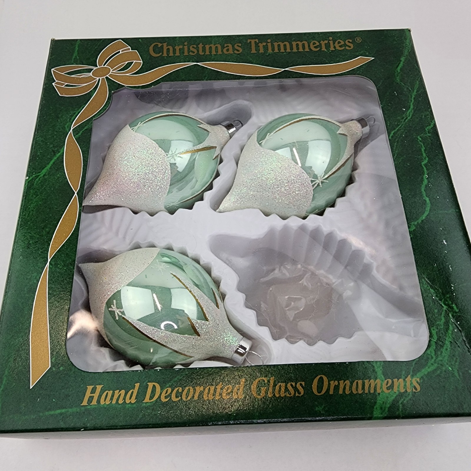 Vintage Bradford Christmas Trimmeries Glass Ornaments Set 3 Green White