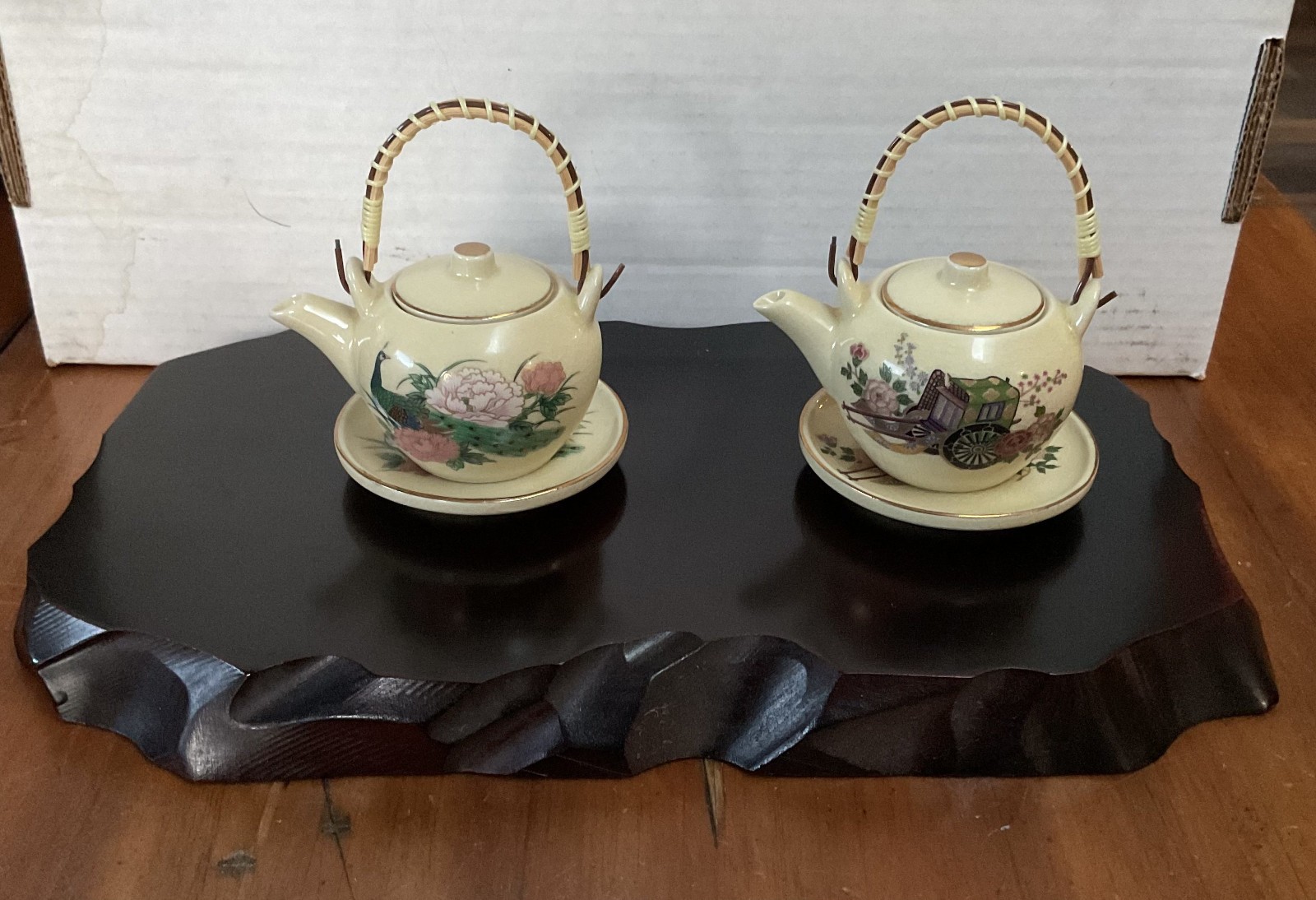 Vintage Japanese Miniature Teapot Set Pair Saucers Hand Painted Wood Base Vintage Japanese Miniature Teapot Set Pair Saucers Hand Painted Wood Base