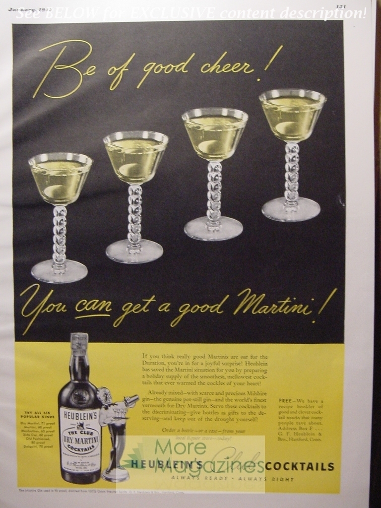 1943 RARE Esquire Advertisement AD HEUBLEIN\'s Club Cocktails, for DRY MARTINIS. 1943 RARE Esquire Advertisement AD HEUBLEIN\'s Club Cocktails, for DRY MARTINIS.