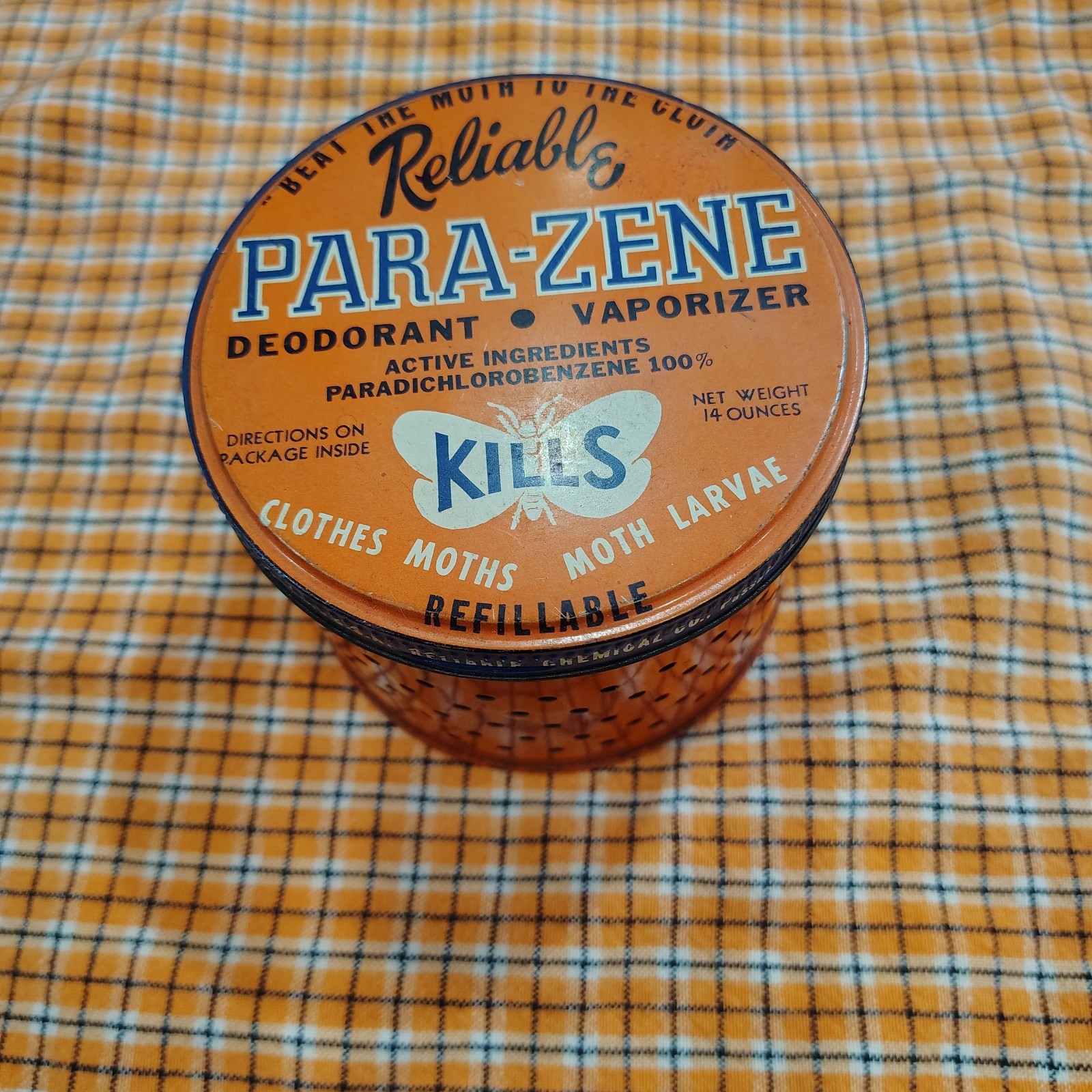 Vintage Reliable Para- zene orange moth tin empty Halloween decor Vintage Reliable Para- zene orange moth tin empty Halloween decor