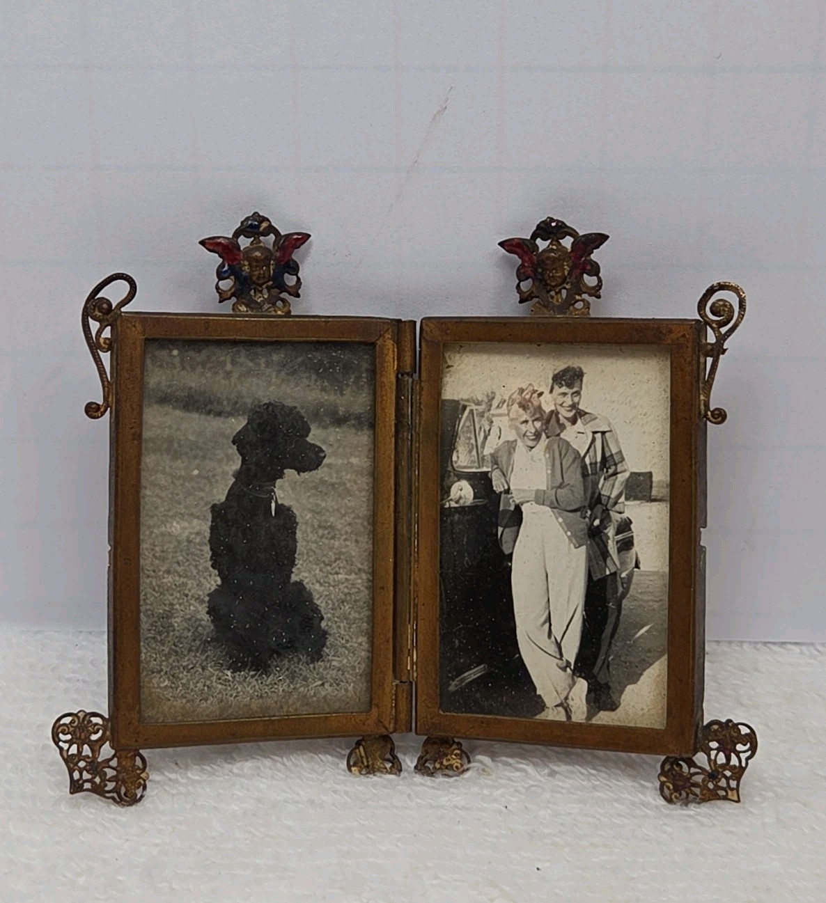 Antique French Bronze Diptych Miniature Double Folding Photo Frame Tiny Desk 