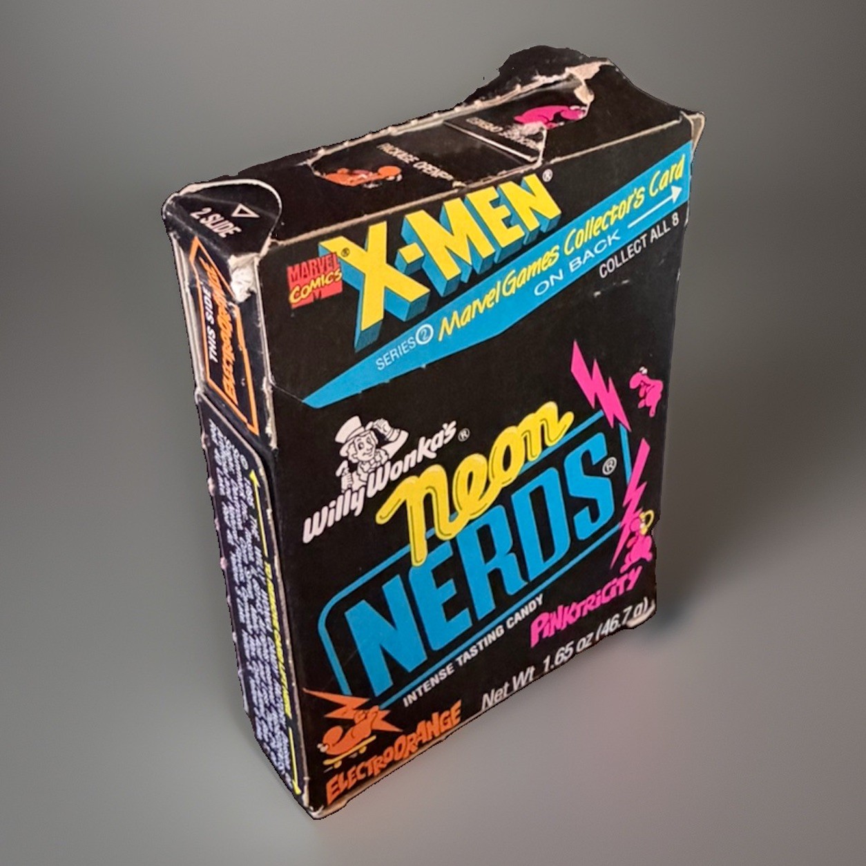 Vintage 1995 WILLY WONKA NEON NERDS Candy Box w/ X-MEN Collector Card Attached