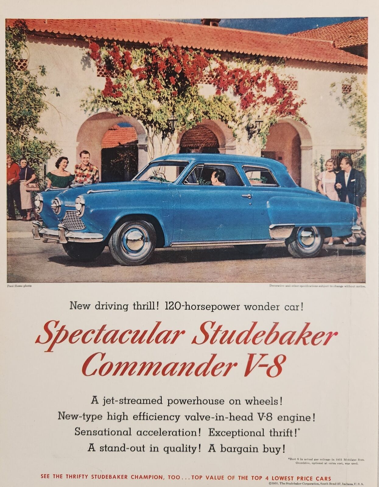 1951 Print Ad Studebaker Commander V-8 2-Door Blue Car Best Gas Mileage