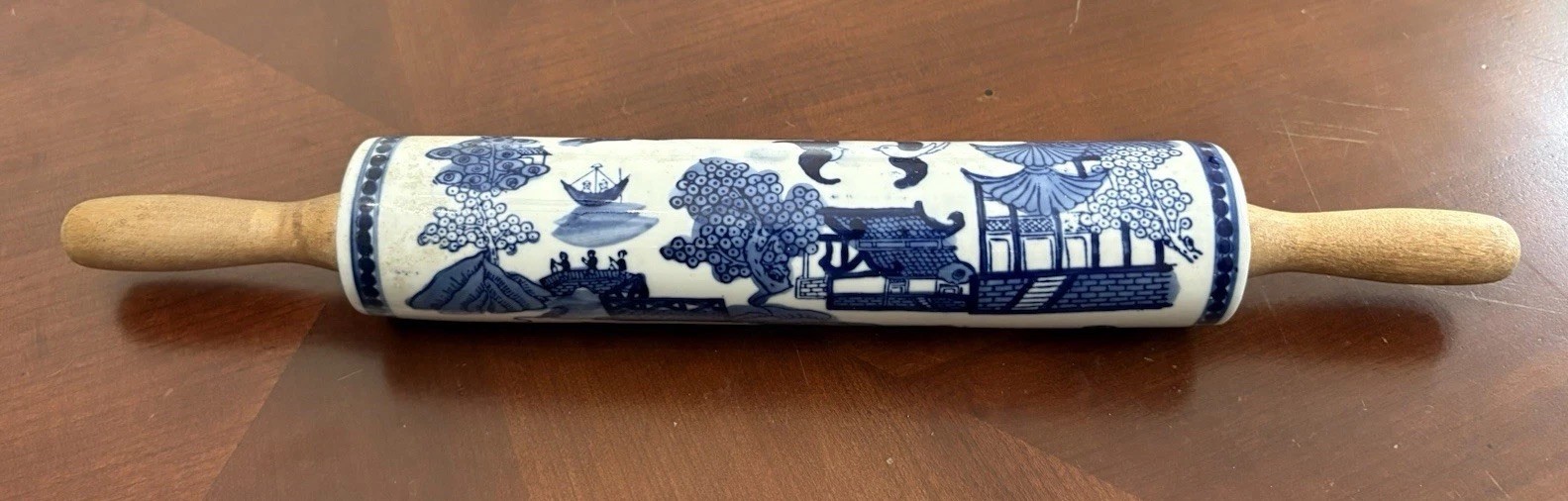 Vintage Blue Willow Ceramic And Wood Rolling Pin  Chinoiserie Pagoda Landscape