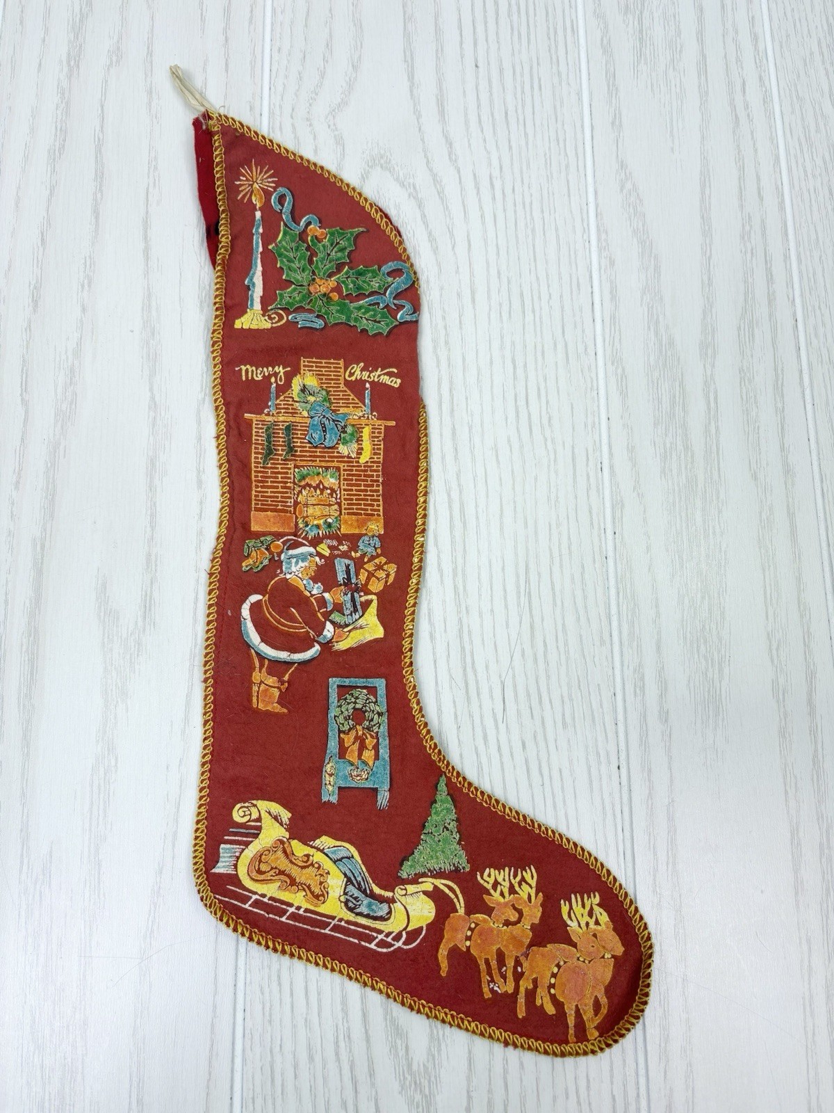 Vintage 1940s- 50s Red Flannel Christmas Stocking toys, tree Santa Sleigh Vintage 1940s- 50s Red Flannel Christmas Stocking toys, tree Santa Sleigh