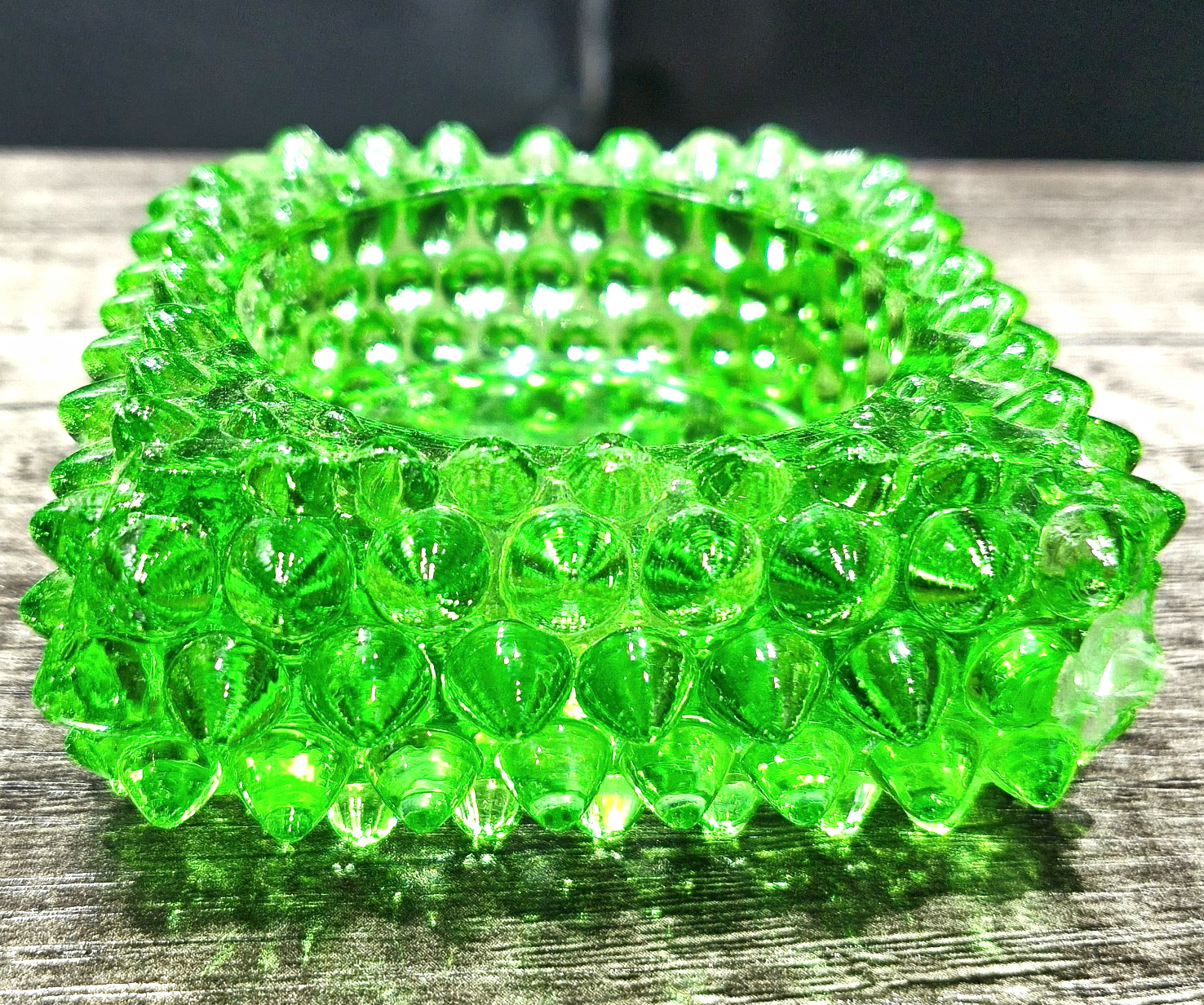 Vintage Fenton Green Glass Spiked Hobnail Salt Cellar Votive 365nm UV Glow Vintage Fenton Green Glass Spiked Hobnail Salt Cellar Votive 365nm UV Glow