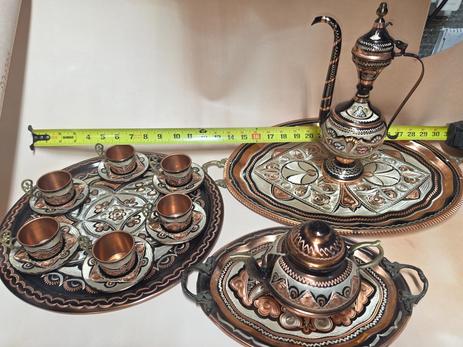 RARE Antique Handmade Copper Etched Turkish Tea Coffee Espresso Serving Set