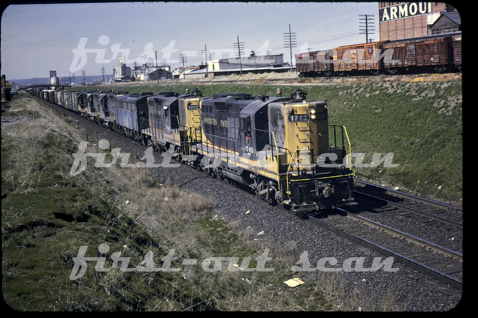 F Original Slide - Northern Pacific NP 1743 GP-9 Action w/ Frt Spokane WA 1972