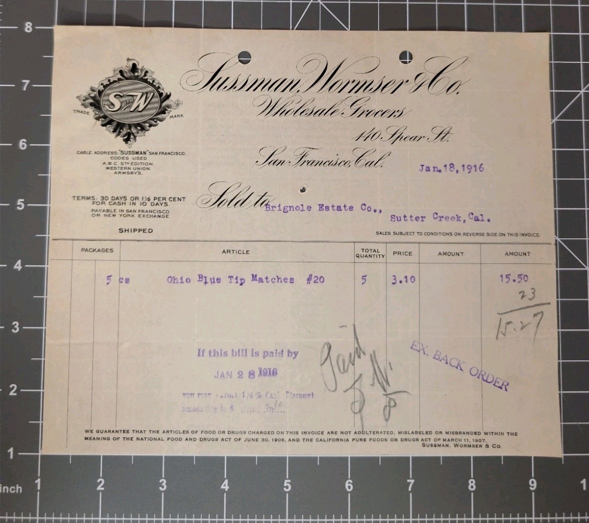 1916 Sussman Wormser & Co. Grocers Invoice San Francisco Sutter Creek Matches