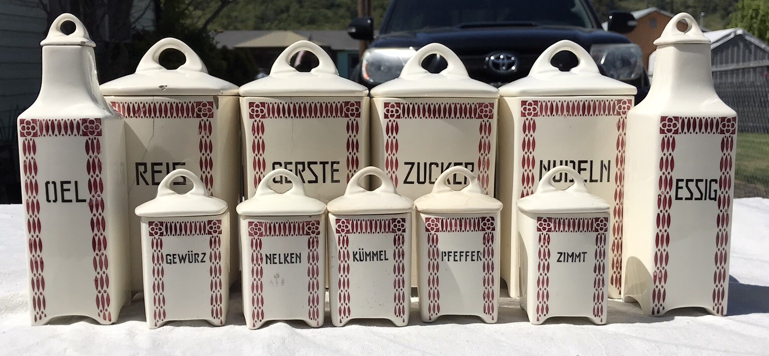 Antq Rare Red GERMAN PORCELAIN CANISTER SPICE JAR CRUET Vtg Art Deco Set 22 Pc Antq Rare Red GERMAN PORCELAIN CANISTER SPICE JAR CRUET Vtg Art Deco Set 22 Pc