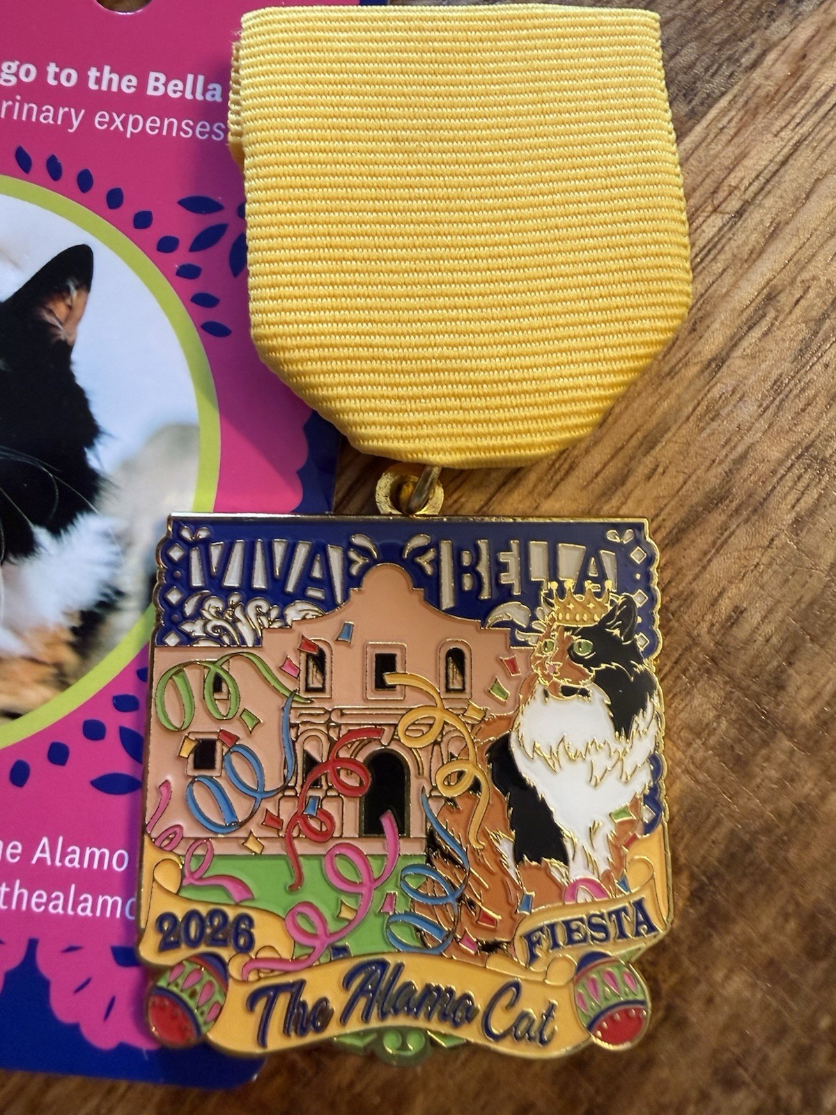 2026 Viva Fiesta The Alamo Cat Ribbon Medal Pinback w/ Yellow Ribbon 2026 Viva Fiesta The Alamo Cat Ribbon Medal Pinback w/ Yellow Ribbon