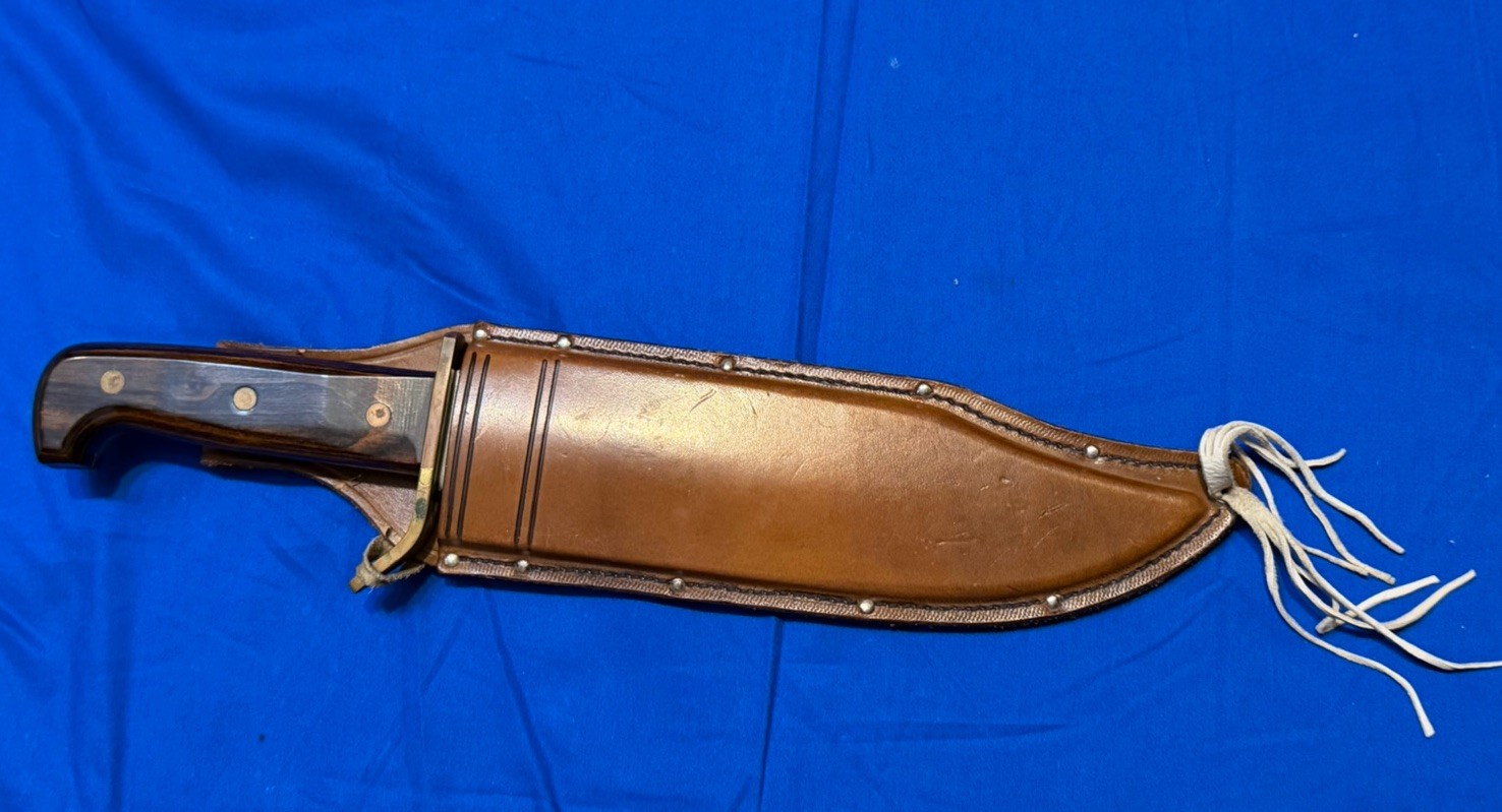 Vintage Western Bowie Colorado 9.5” Blade Knife Wooden Handle Leather Sheath Vintage Western Bowie Colorado 9.5” Blade Knife Wooden Handle Leather Sheath