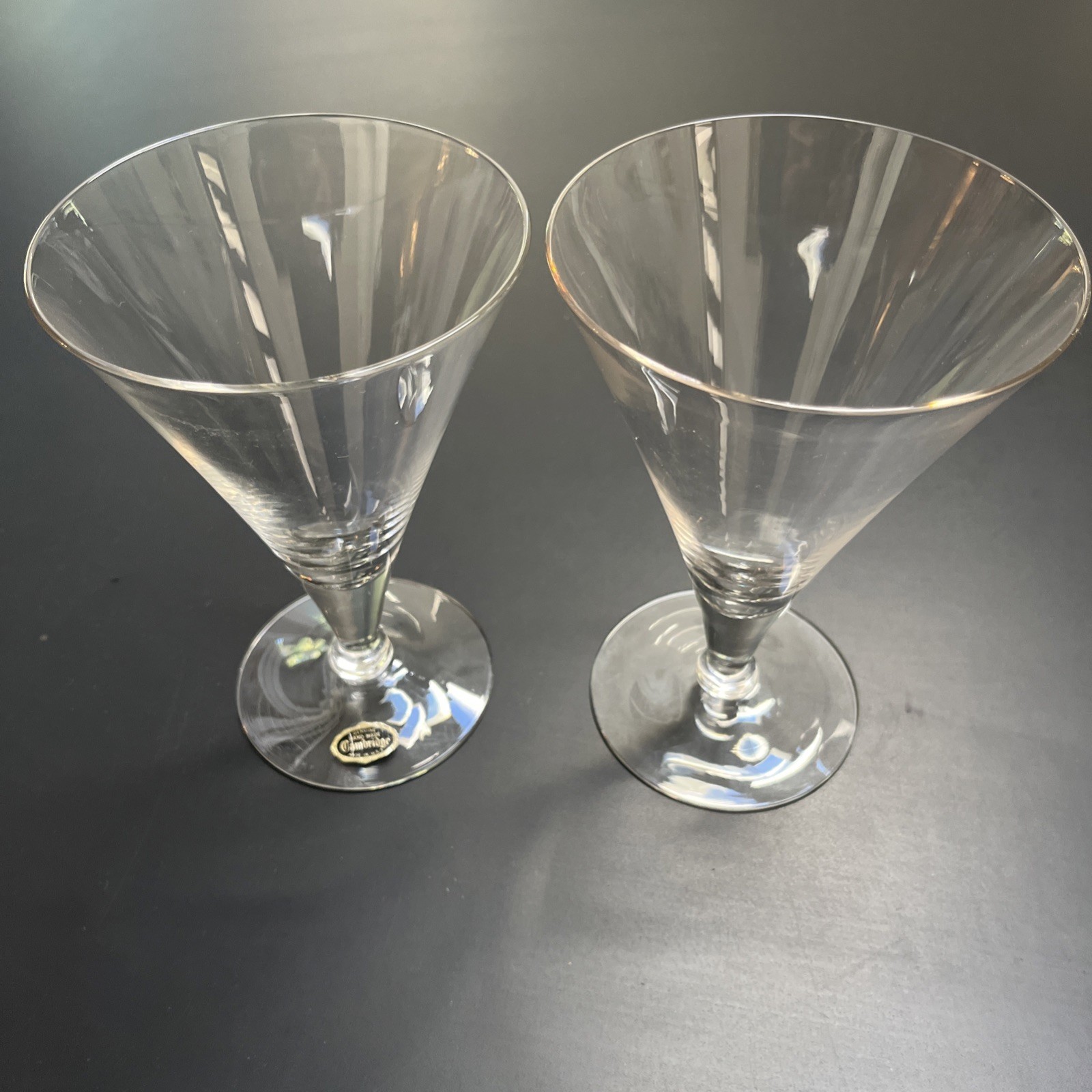 Pair Vintage Handmade Cambridge Clear Cocktail Glasses 6.5” Tall 4.25” Wide Nice