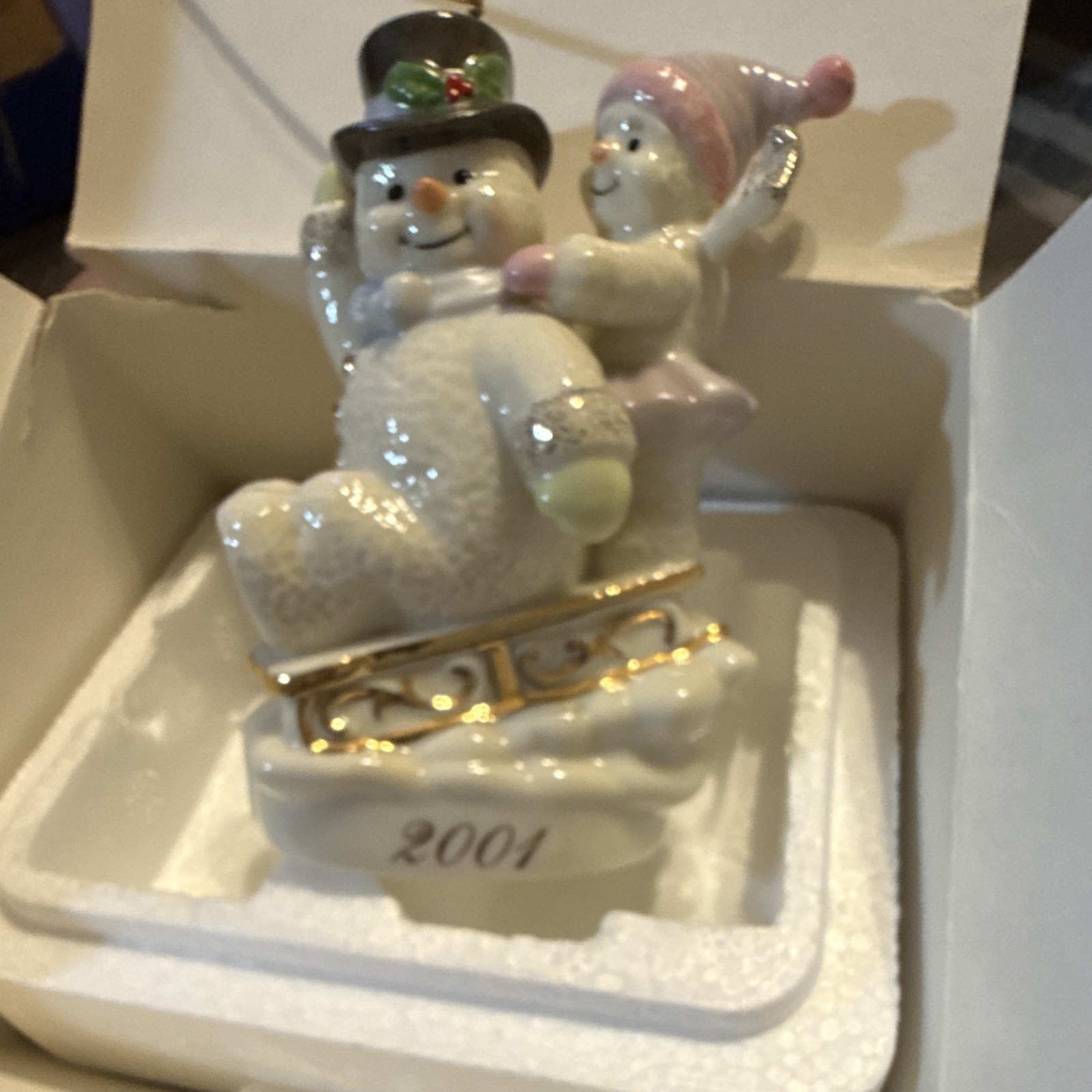 Lenox Hold On Tight Snowman Porcelain Sculpture Hand Painted 24K Gold 2001