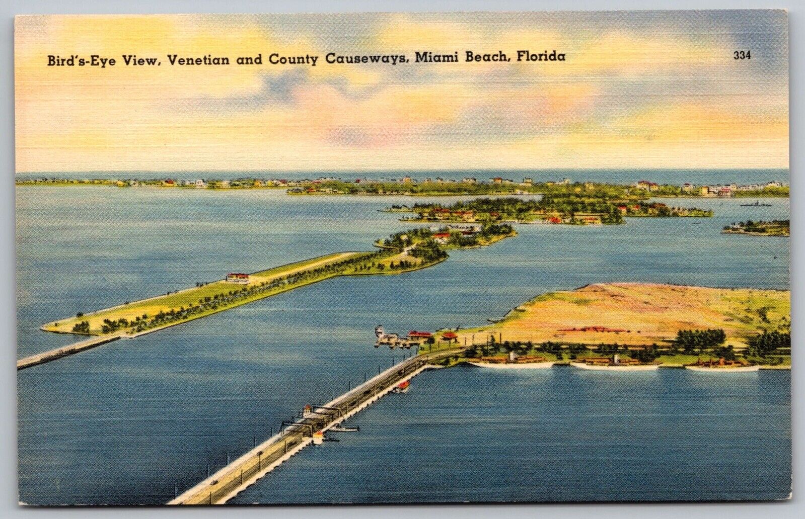 Miami Beach Florida Venetian & County Causeways Aerial View Linen Postcard